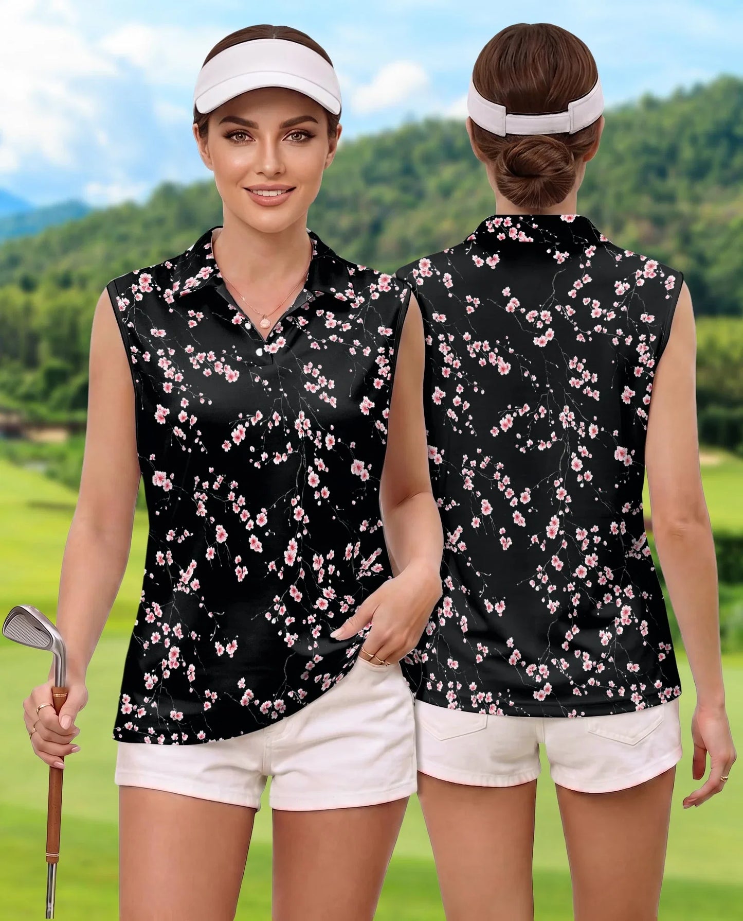 Japanese Sakura Cherry Blossom Sleeveless Polo Shirt for Women | Azhawaiian