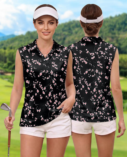 Japanese Sakura Cherry Blossom Sleeveless Polo Shirt for Women | Azhawaiian