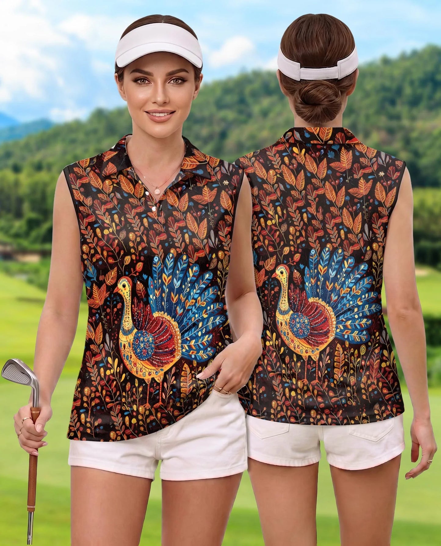Chicken Thanksgiving Sleeveless Polo Shirt for Women | Azhawaiian