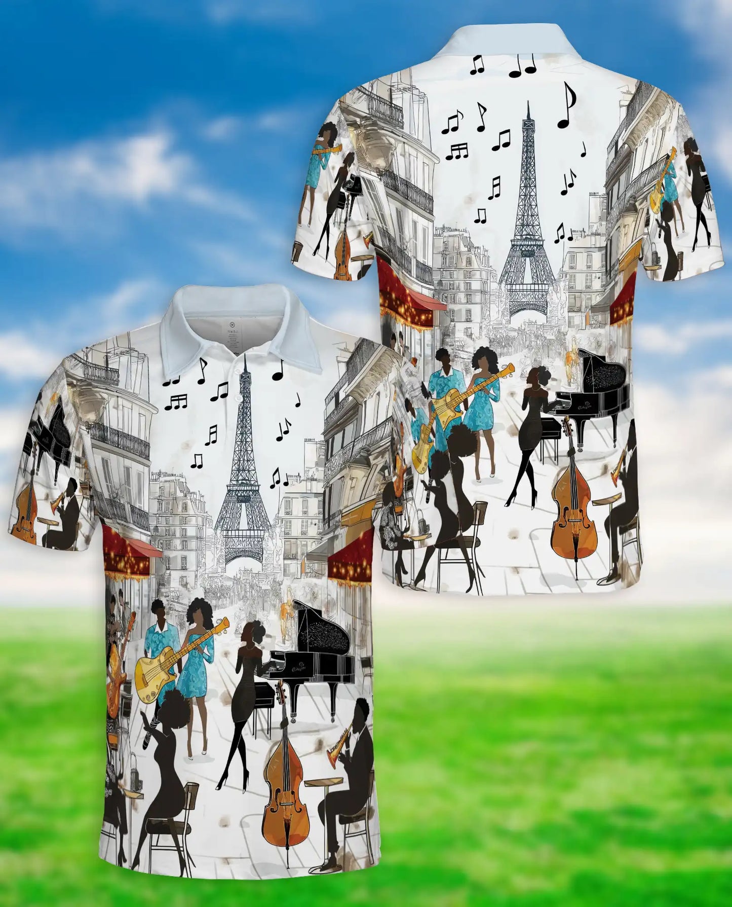Paris Jazz Music 3D Polo Shirt for Men, Eiffel Tower Artistic Style | Azhawaiian