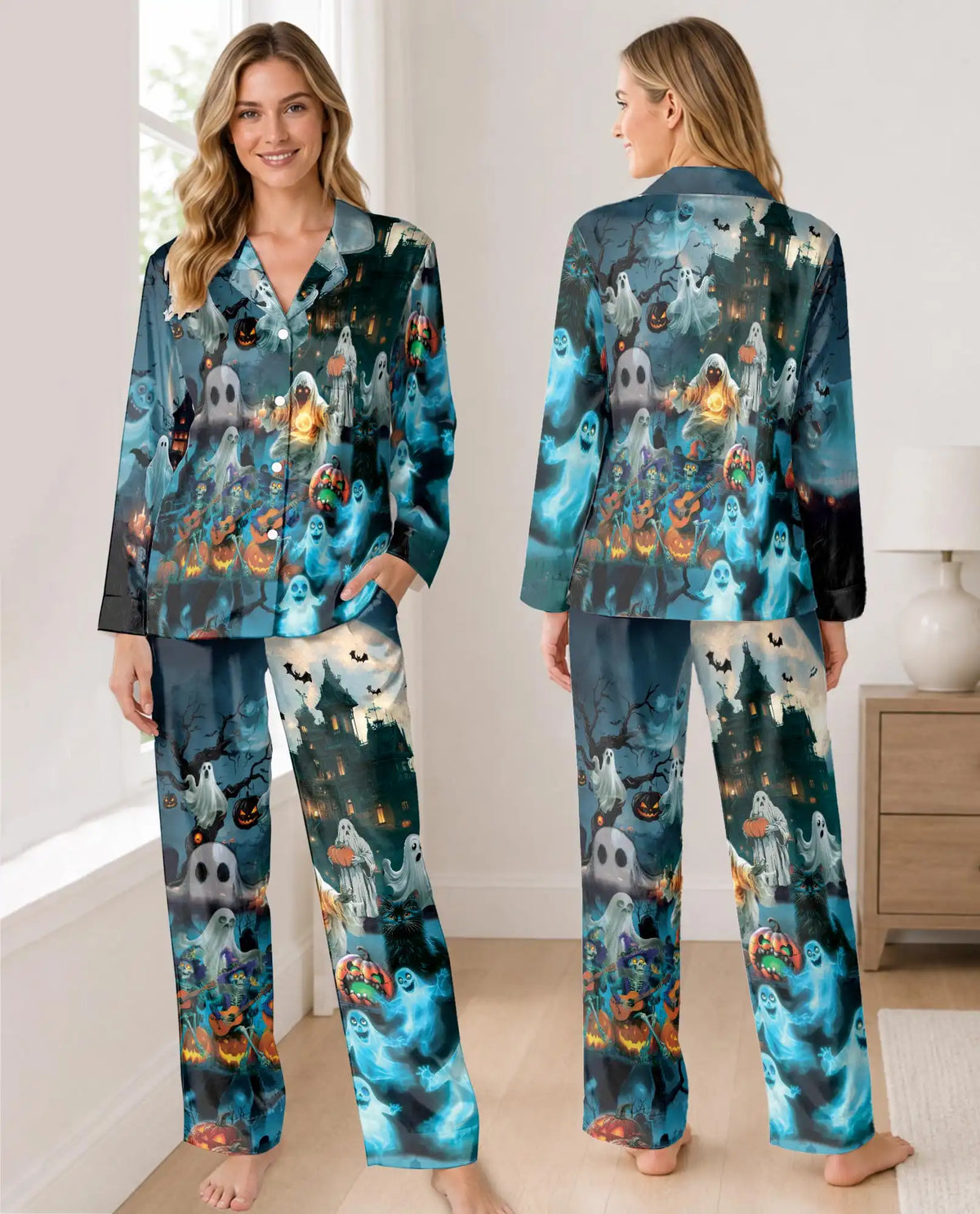 Ghost Halloween Pajama Set for Women, Spooky Pumpkin Holiday Sleepwear
