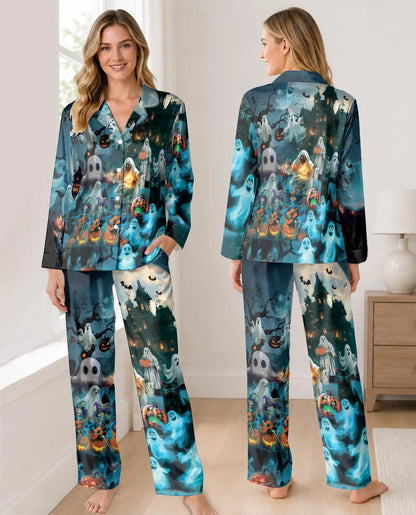 Ghost Halloween Pajama Set for Women, Spooky Pumpkin Holiday Sleepwear