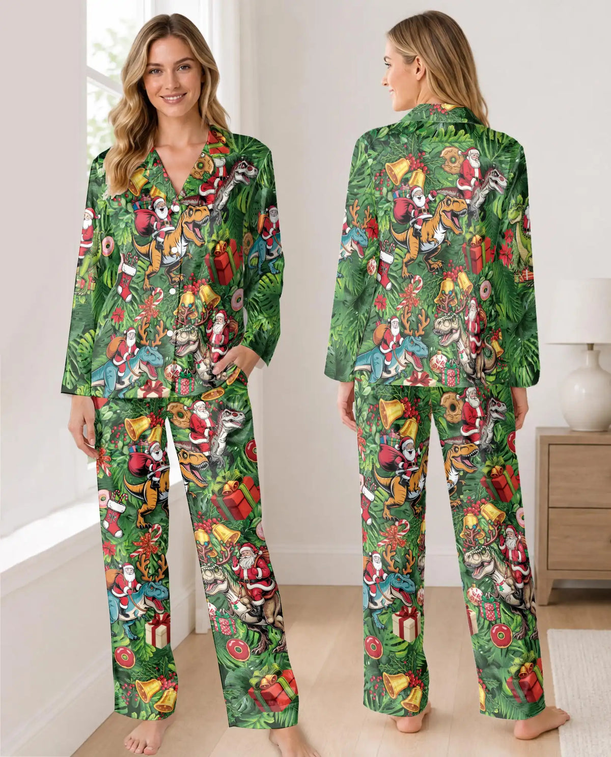 Santa Dinosaur Christmas Pajama Set for Women – T-Rex Holiday Print