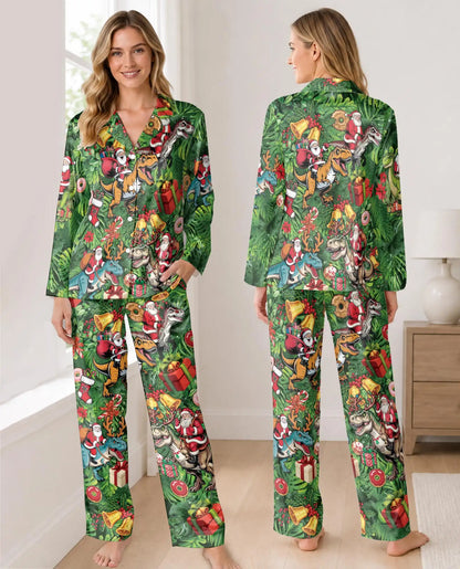 Santa Dinosaur Christmas Pajama Set for Women – T-Rex Holiday Print