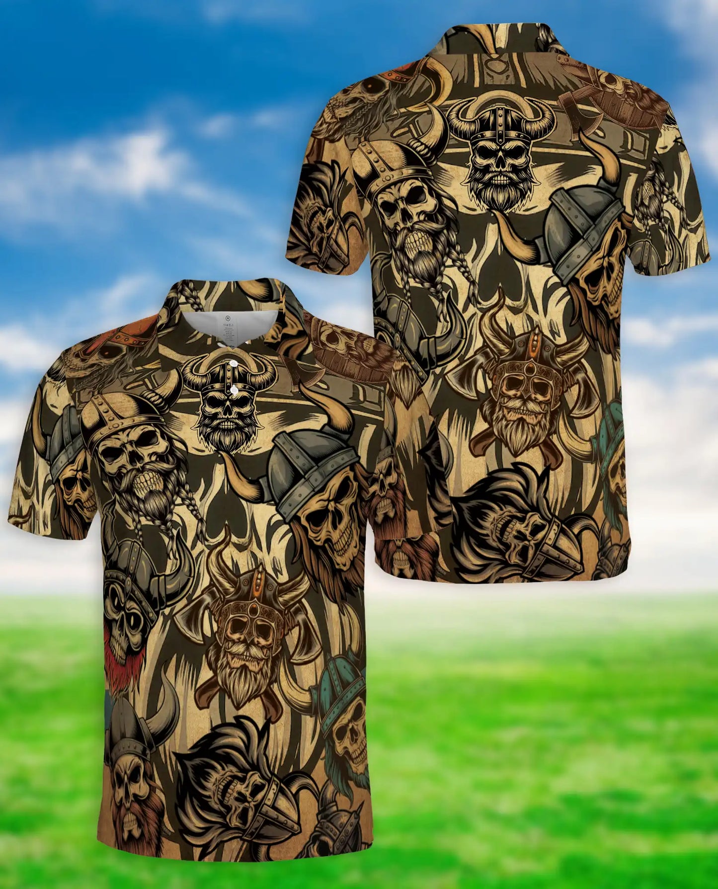 Viking Skull 3D Polo Shirt for Men, Norse Warrior Gothic Style | Azhawaiian