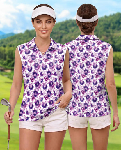 Purple Orchid Flower Sleeveless Polo Shirt for Women, Elegant Floral Style | Azhawaiian