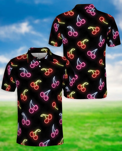 Neon Cherry Polo Shirt for Men- Retro Fruit Glow Aesthetic Shirt | Azhawaiian