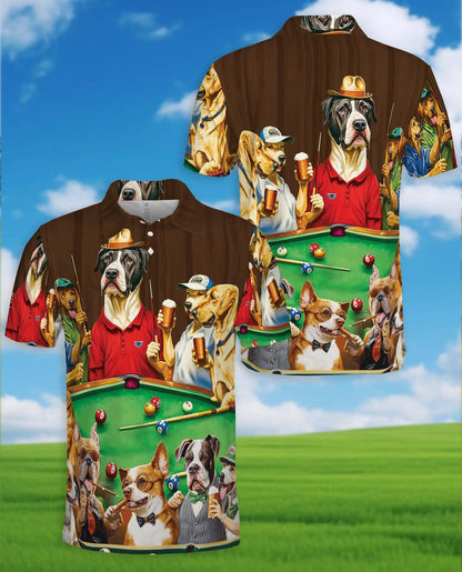 Funny Dogs Playing Pool 3D Polo Shirt for Men, Beer Party Pet Style | Azhawaiian