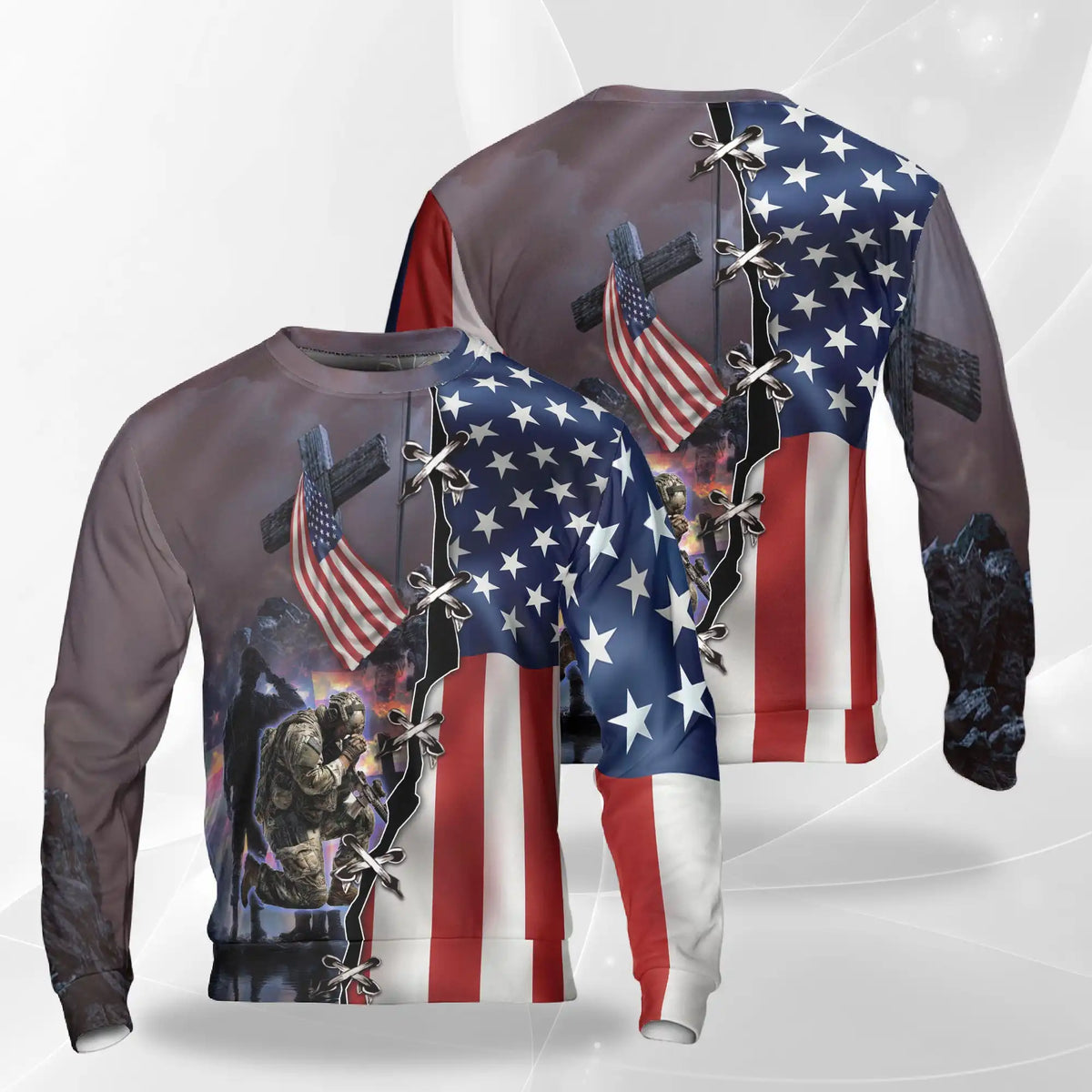 American Flag Kneeling Soldier and Cross Sweatshirt – Colorful Graphic 3D All Over Print Design