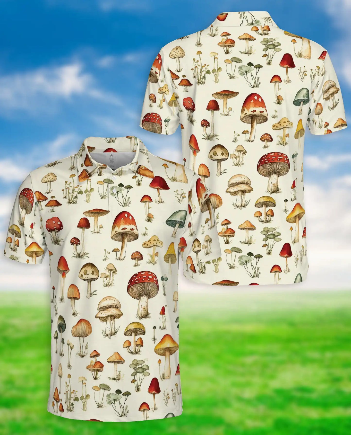 Mushroom Botanical Polo Shirt, Vintage Nature Print | Azhawaiian
