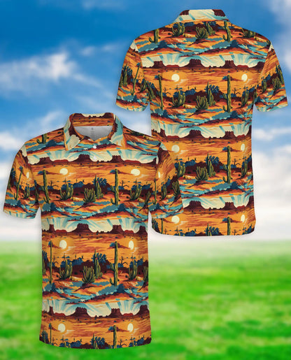 Southwestern Desert Sunset 3D Polo Shirt for Men, Cactus Western Style | Azhawaiian