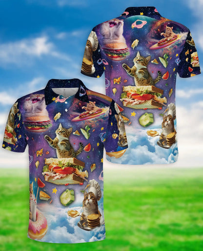 Space Cat Food 3D Polo Shirt for Men, Funny Cosmic Kitty Style | Azhawaiian