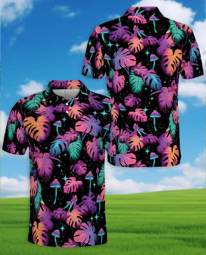 Neon Tropical Leaves Polo Shirt - Psychedelic Mushroom Style | Azhawaiian