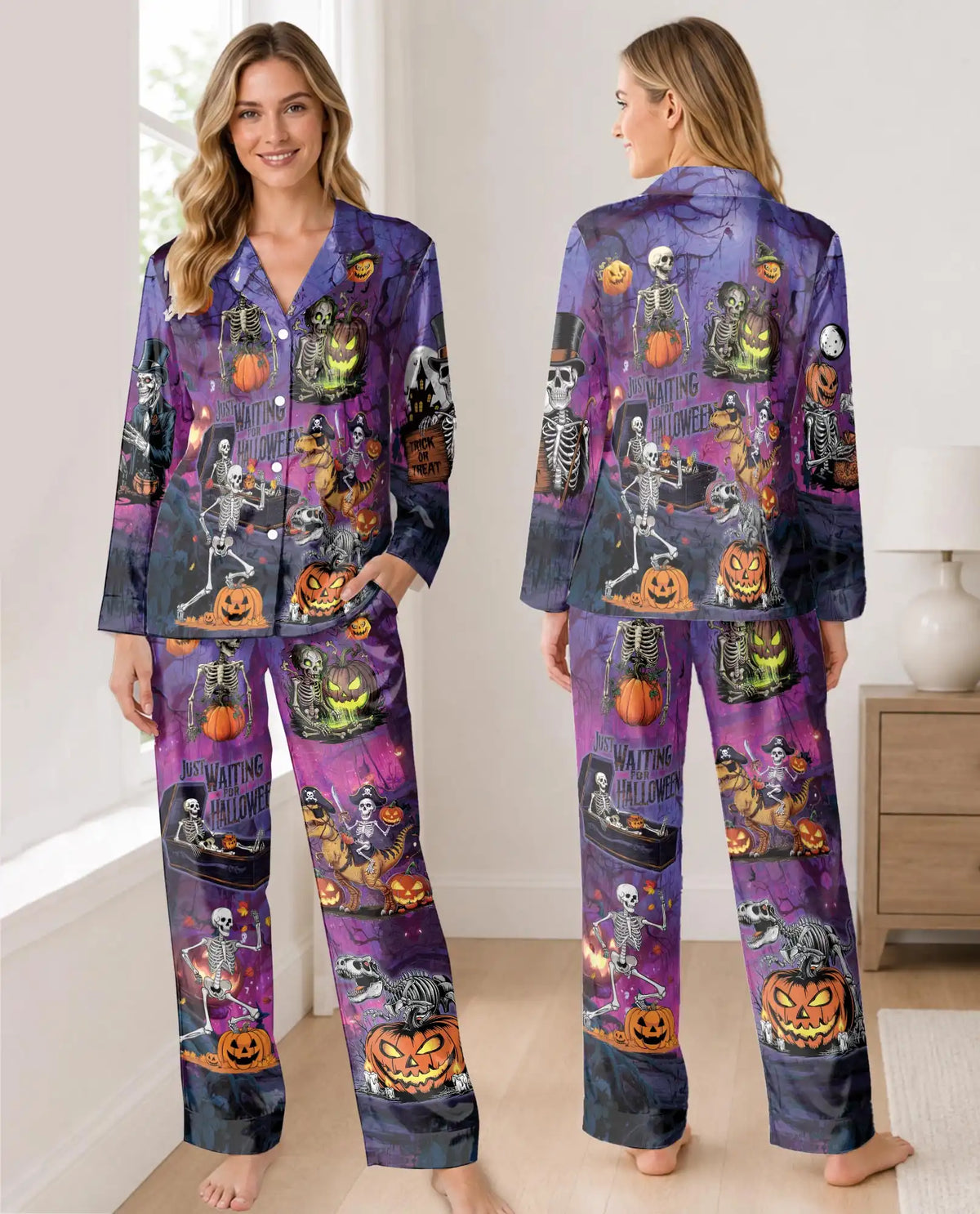 Skeleton Halloween Pajama Set for Women, Spooky Pumpkin Holiday Sleepwear