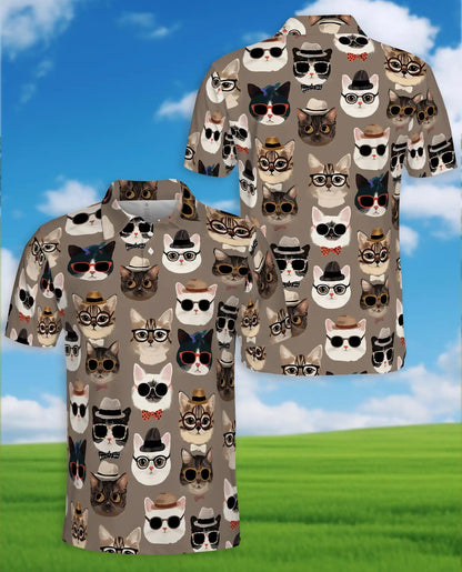 Funny Hipster Cat Polo Shirt For Men- Print Cool Cats With Glasses | Azhawaiian