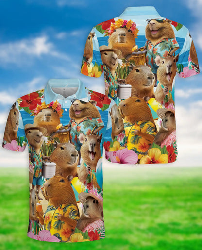 Capybara Tropical 3D Polo Shirt for Men, Funny Summer Animal Style | Azhawaiian