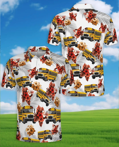 Yellow School Bus 3D Polo Shirt for Men, Summer Hawaiian | Azhawaiian