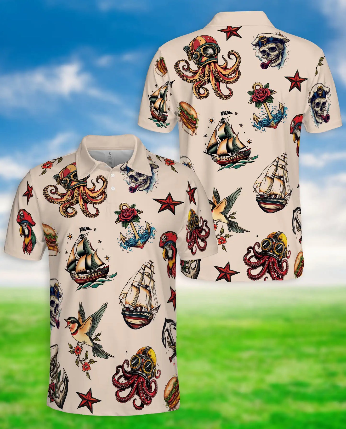 Nautical Tattoo Polo Shirt, Pirate & Octopus Print | Azhawaiian