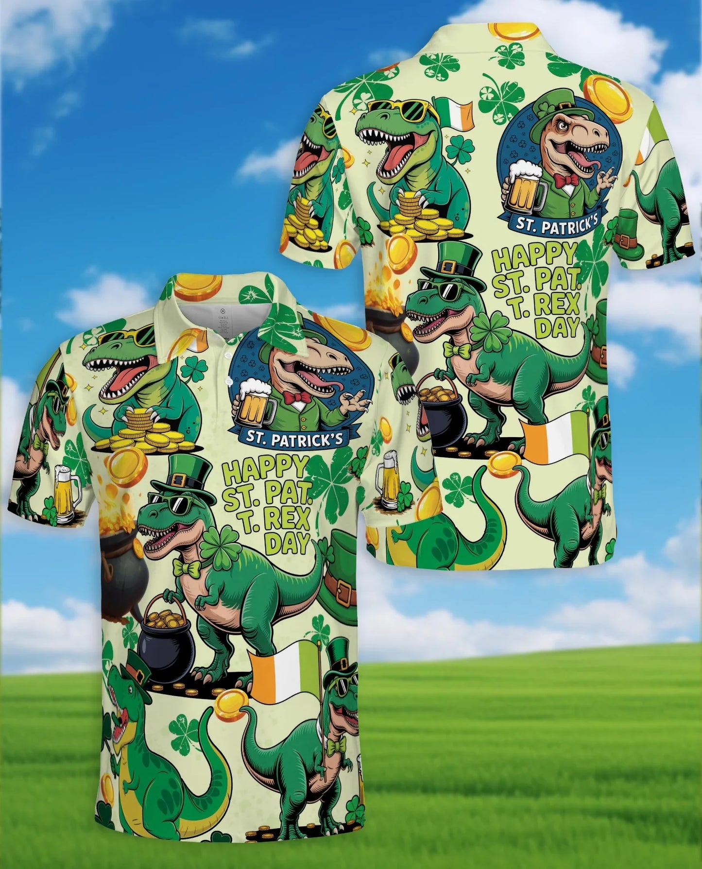 St. Patrick's Day Dinosaur Polo Shirt for Men, Funny Irish Holiday Style | Azhawaiian