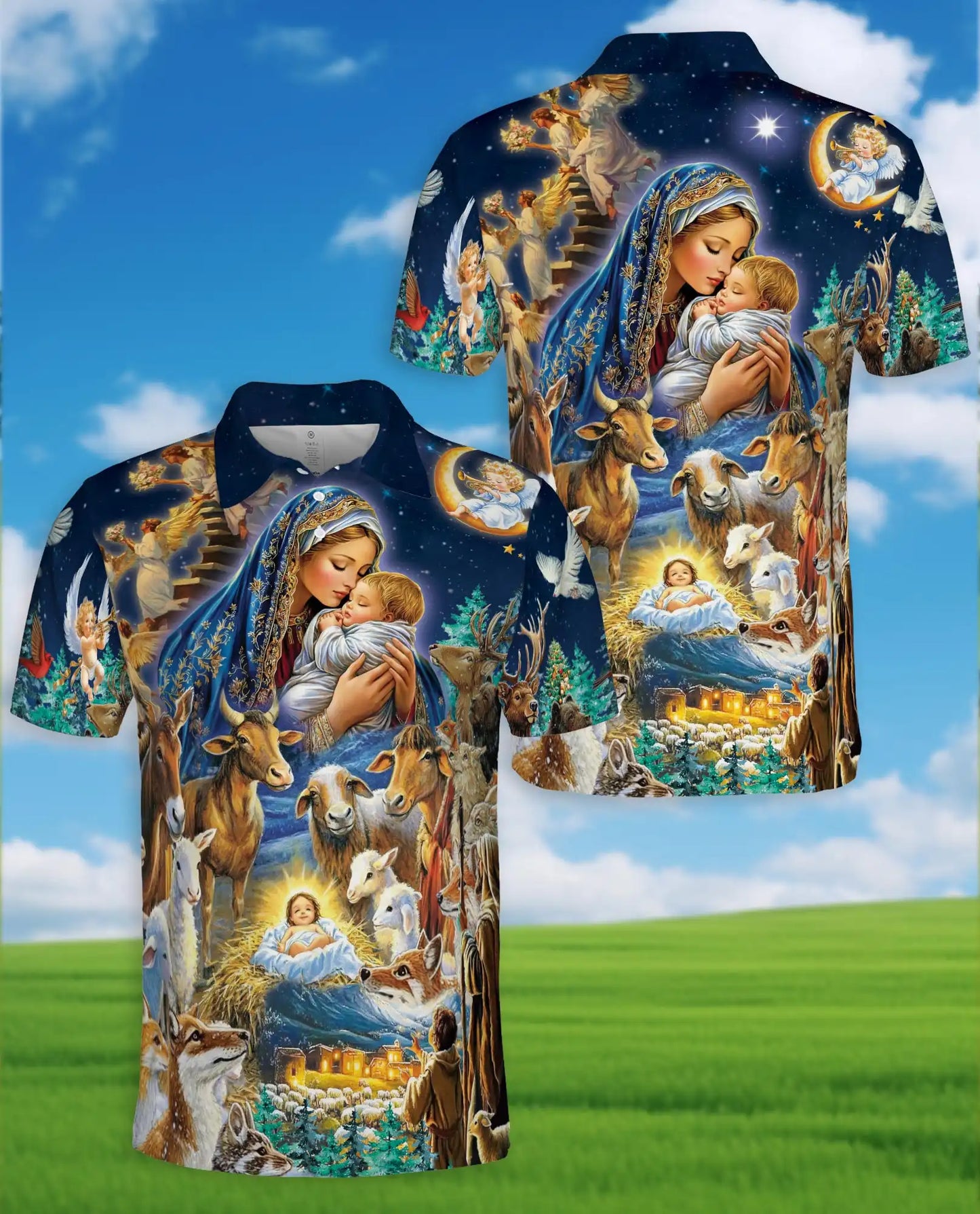 Nativity Scene Christmas Polo Shirt for Men- Christian Faith Holy Night | Azhawaiian
