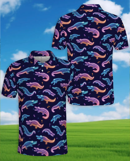 Neon Crocodile Polo Shirt for Men, Night Party Style | Azhawaiian
