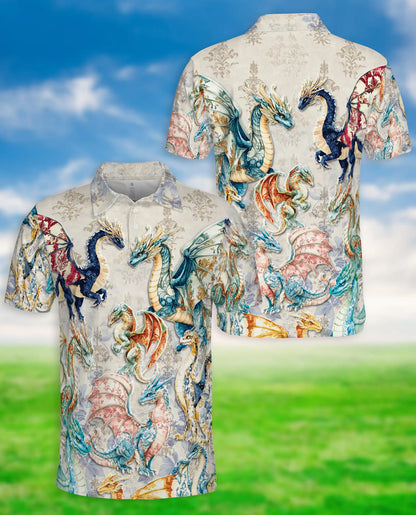 Elegant Fantasy Dragon 3D Polo Shirt for Men, Medieval Mythical Creature Style | Azhawaiian
