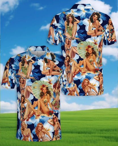 Vintage Pin-Up Girl Polo Shirt for Men - Tropical Plumeria | Azhawaiian
