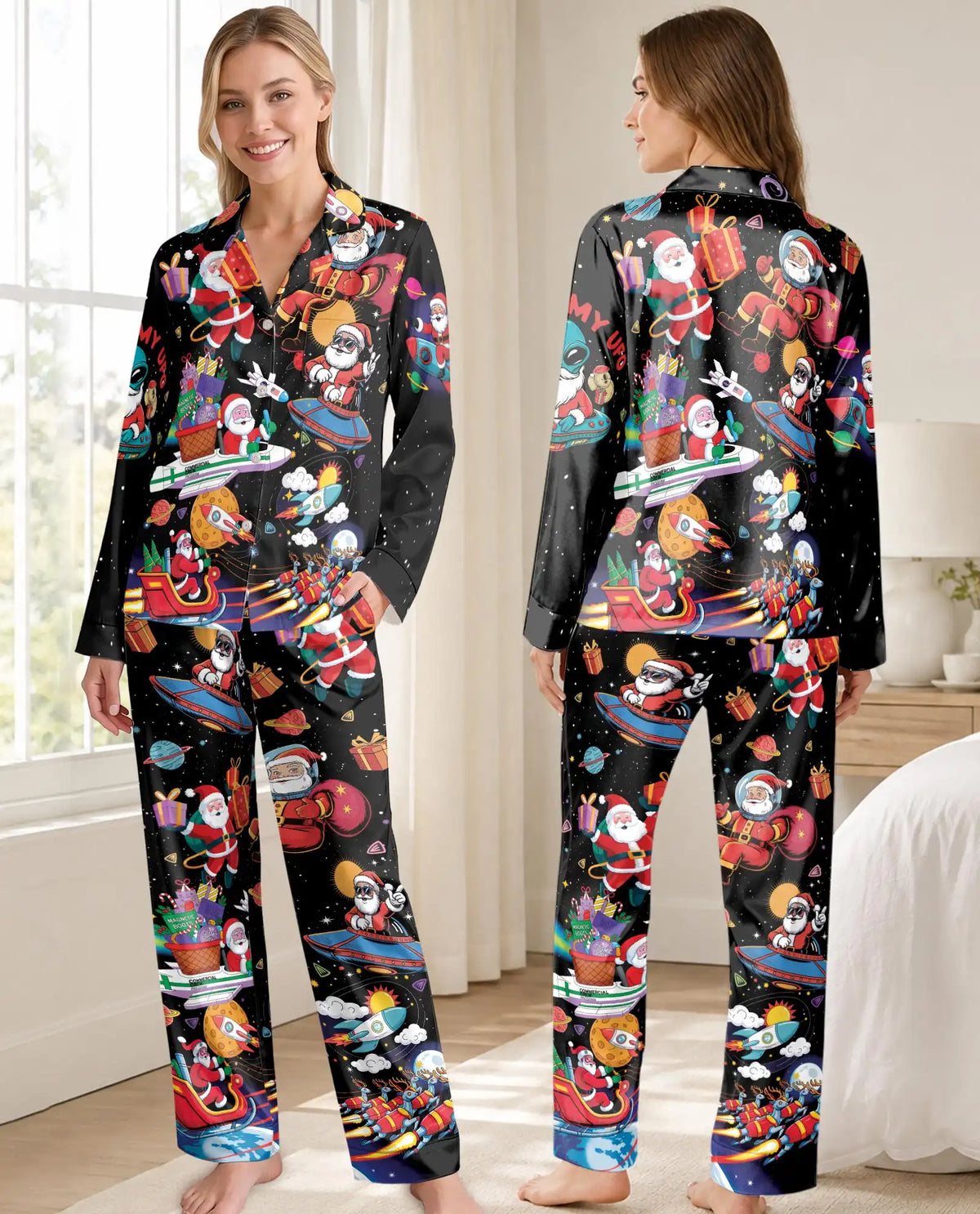 Santa UFO Christmas Pajama Set for Women – Galaxy Holiday Print