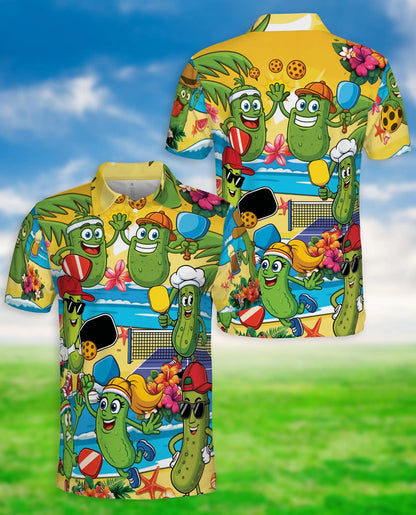 Funny Pickle Beach Pickleball Polo Shirt for Men-Cartoon Pickle Tropical | Azhawaiian