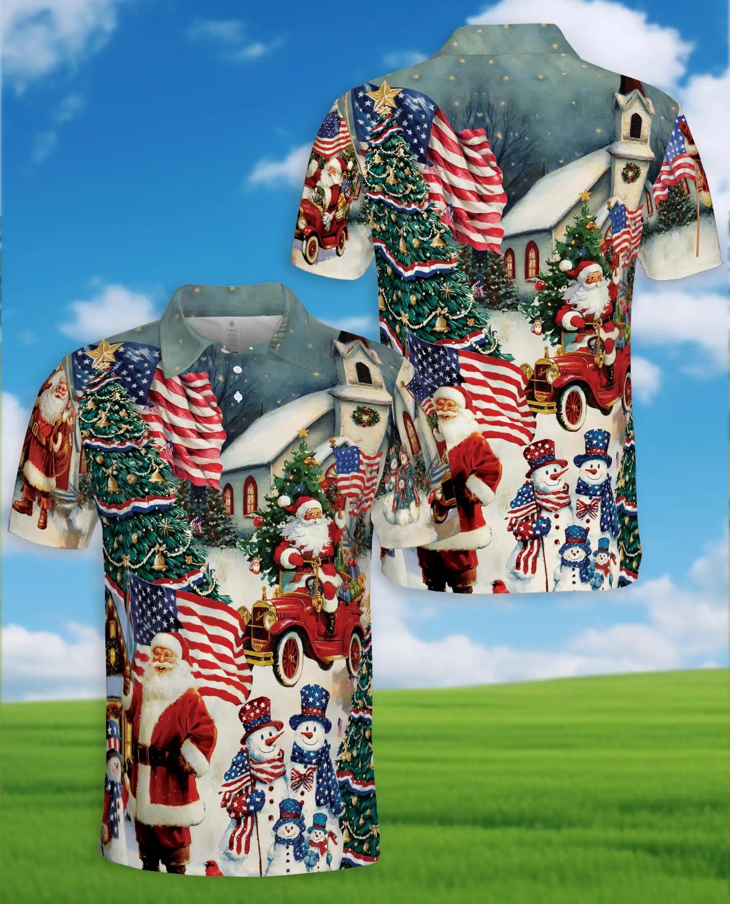 Patriotic Christmas Polo Shirt, Santa and American Flag Print | Azhawaiian
