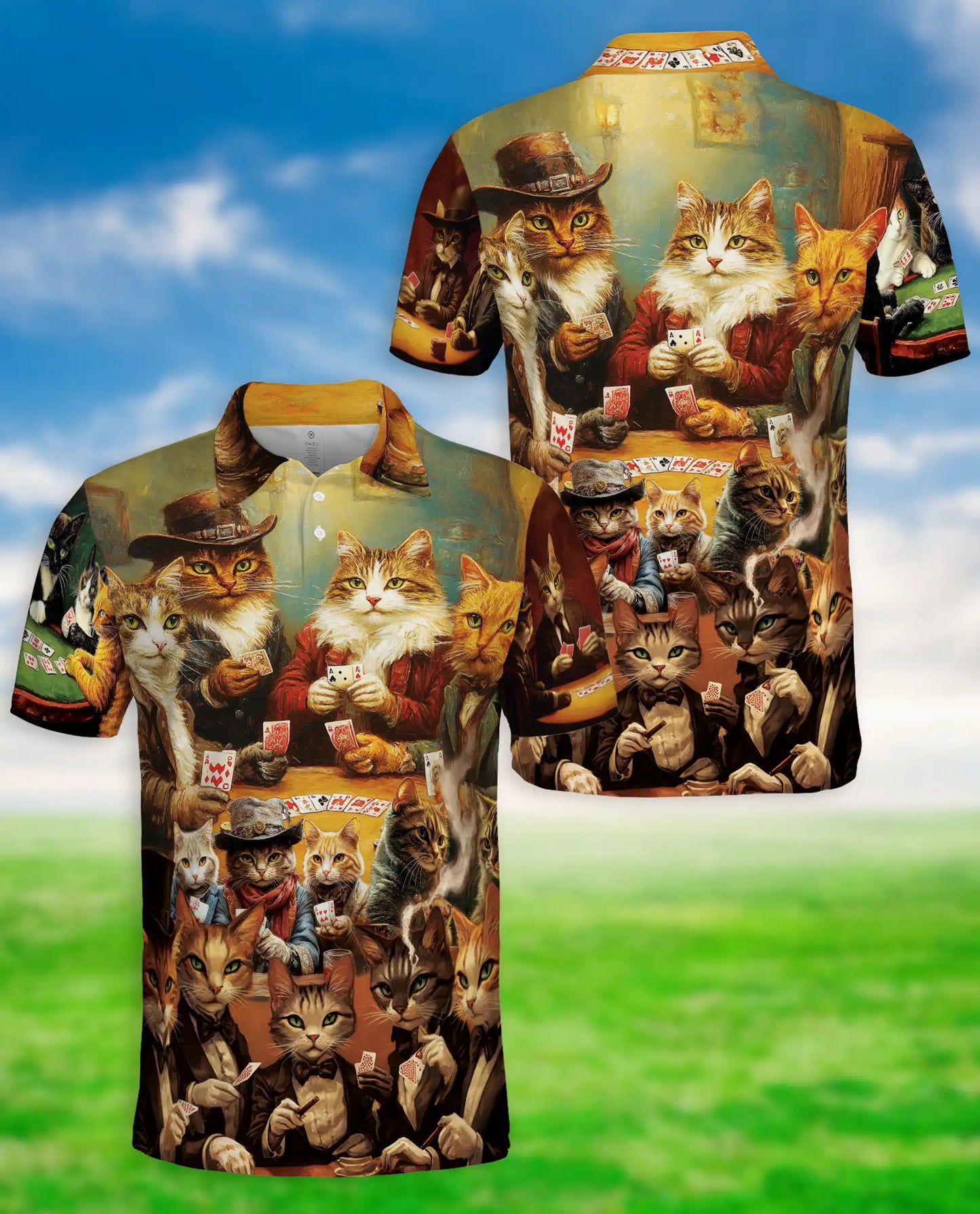 Cowboy Cat Polo Shirt, Playing Cards Western Print | Azhawaiian