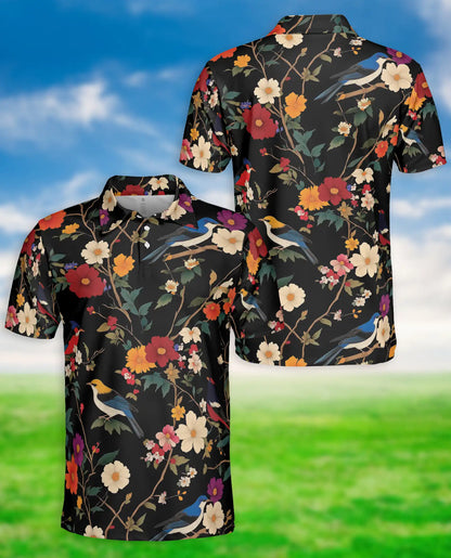 Bird Floral Polo Shirt, Vintage Nature Style | Azhawaiian