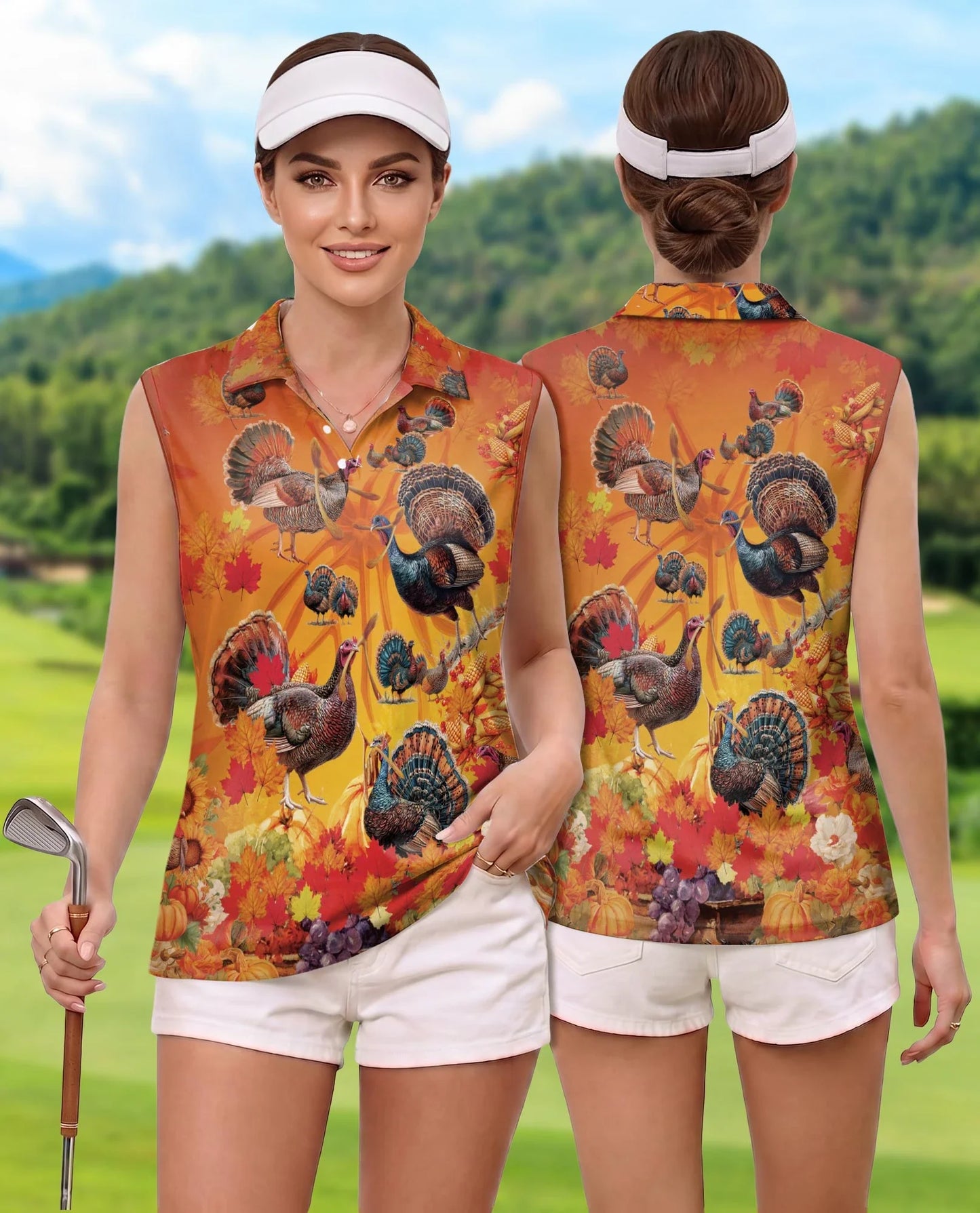 Turkey Thanksgiving Edition Sleeveless Polo Shirt for Women | Azhawaiian