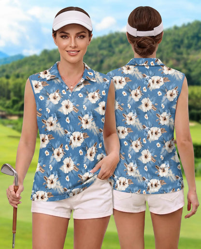 Hibiscus Flowers Sleeveless Polo Shirt for Women | Azhawaiian