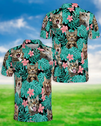 Funny Tropical Cat Polo Shirt for Men- Print Cute Cat | Azhawaiian