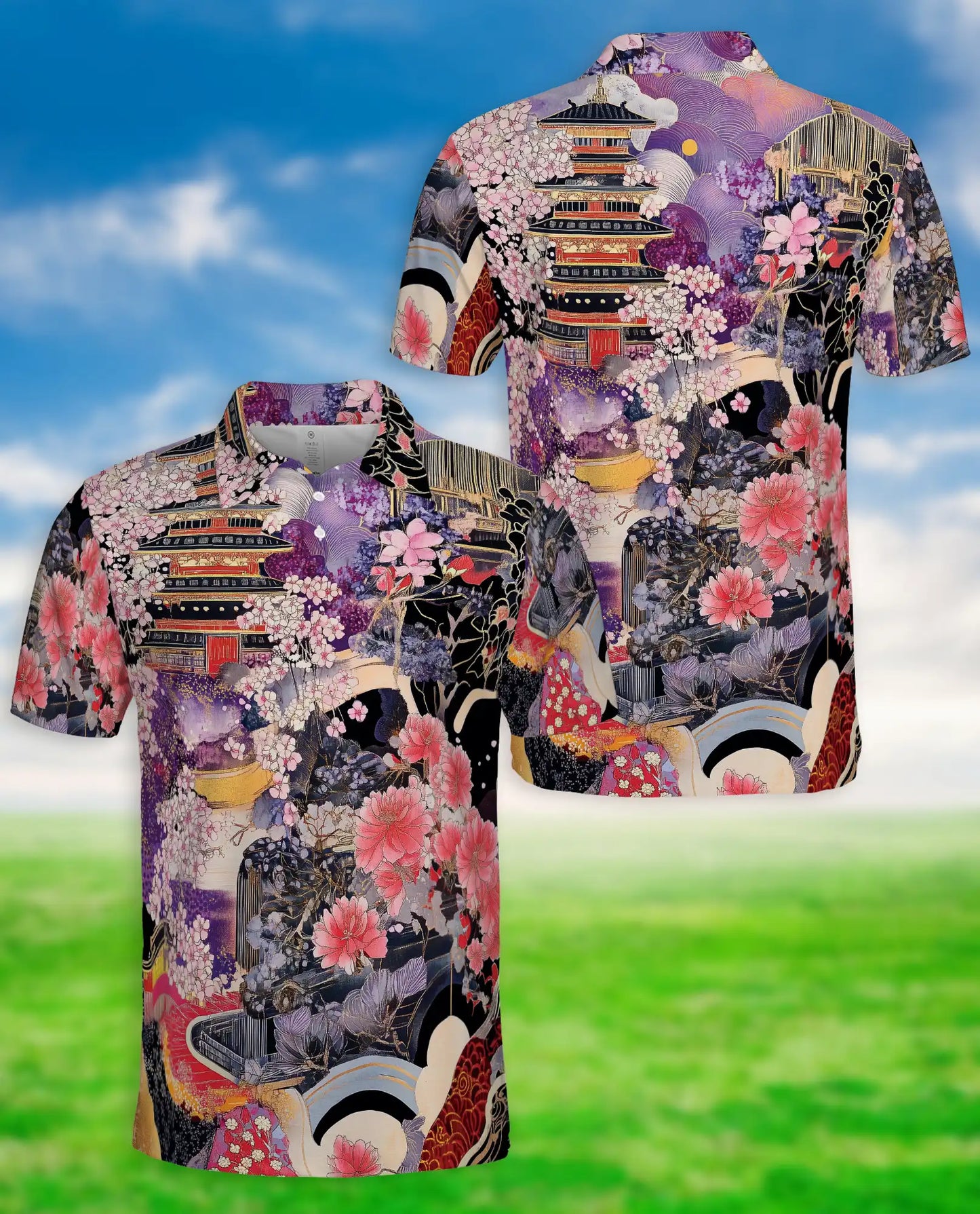 Japanese Sakura Pagoda 3D Polo Shirt for Men | Azhawaiian