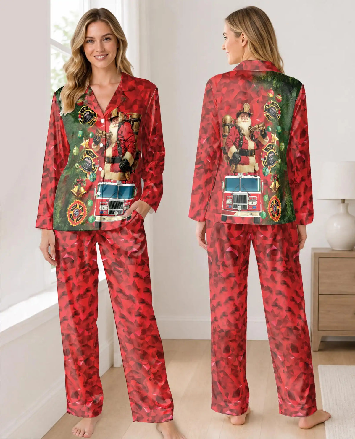 Firefighter Santa Christmas Pajama Set for Women – Fire Truck Print
