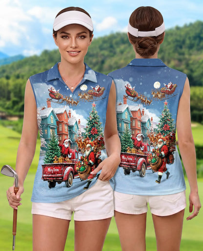Stay Cool Santa Claus Christmas Sleeveless Polo Shirt for Women | Azhawaiian