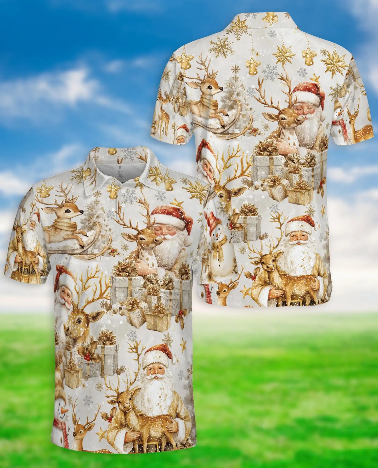 Elegant Santa Reindeer 3D Polo Shirt for Men, Luxury Christmas Holiday Style | Azhawaiian