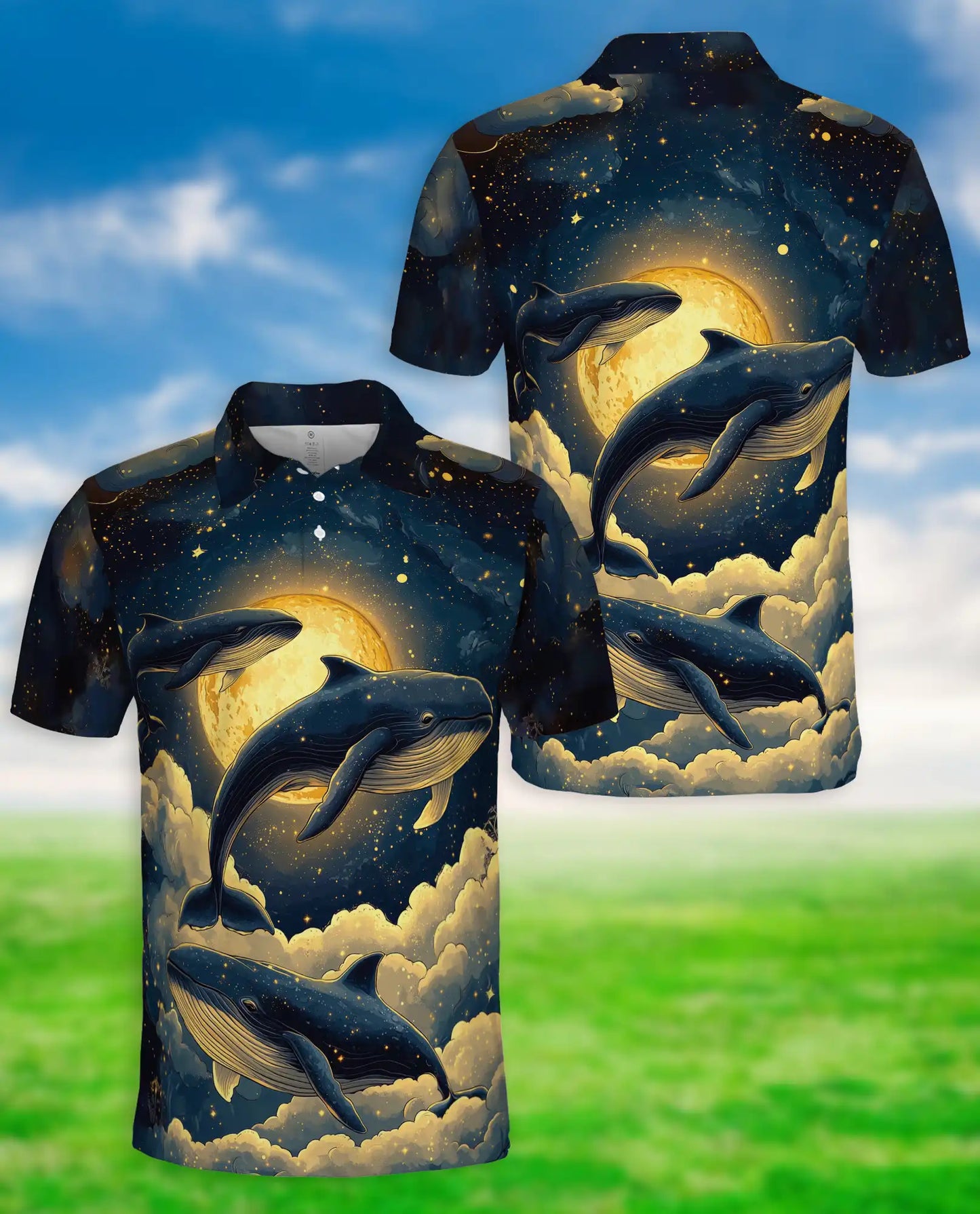 Whale Galaxy Polo Shirt, Moon Ocean Print | Azhawaiian