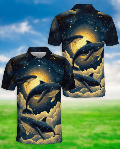 Whale Galaxy Polo Shirt, Moon Ocean Print | Azhawaiian
