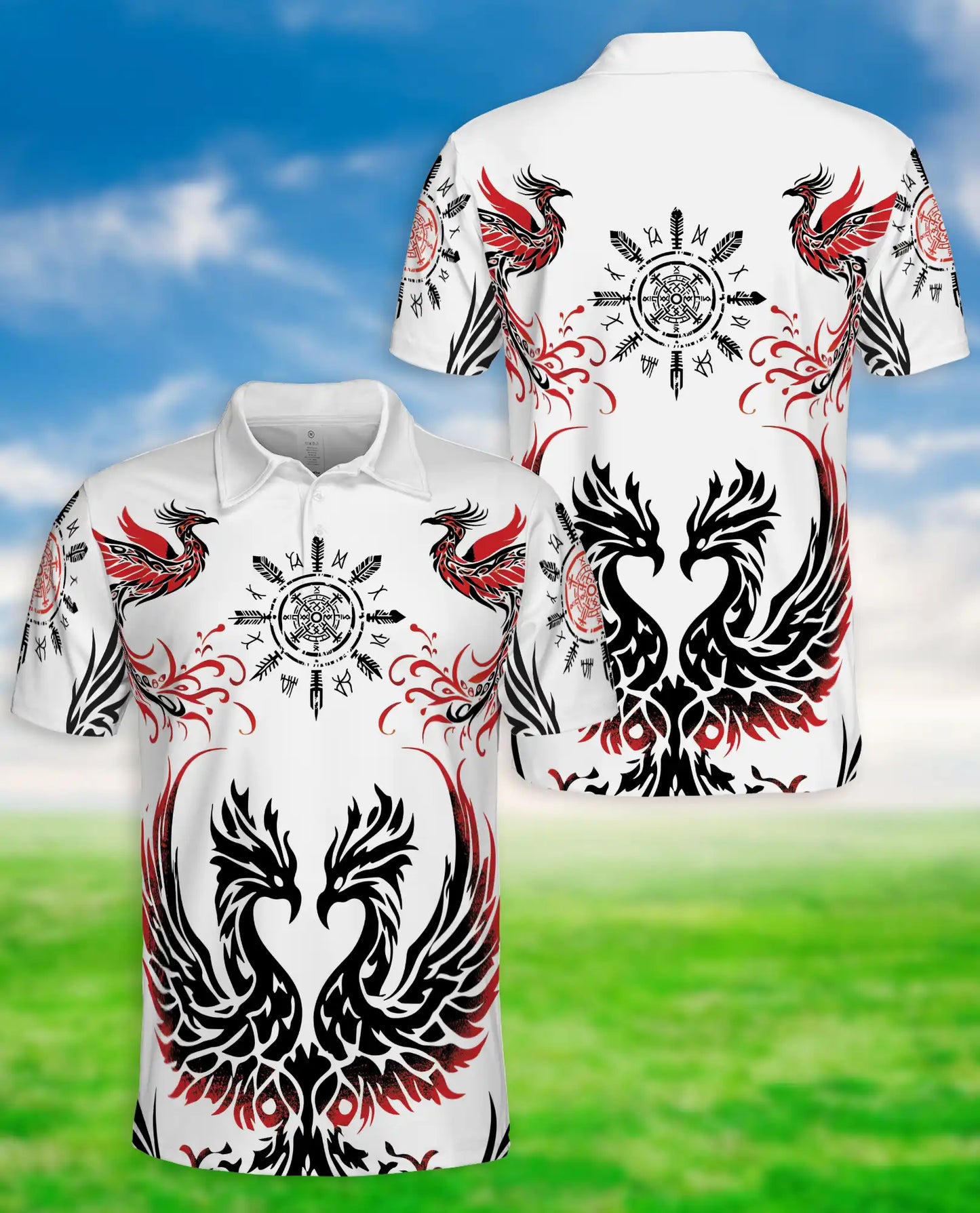 Phoenix Tribal 3D Polo Shirt for Men, Nordic Raven Symbol Style | Azhawaiian