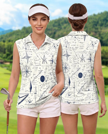 Vintage Manuscript Print Sleeveless Polo Shirt for Women | Azhawaiian
