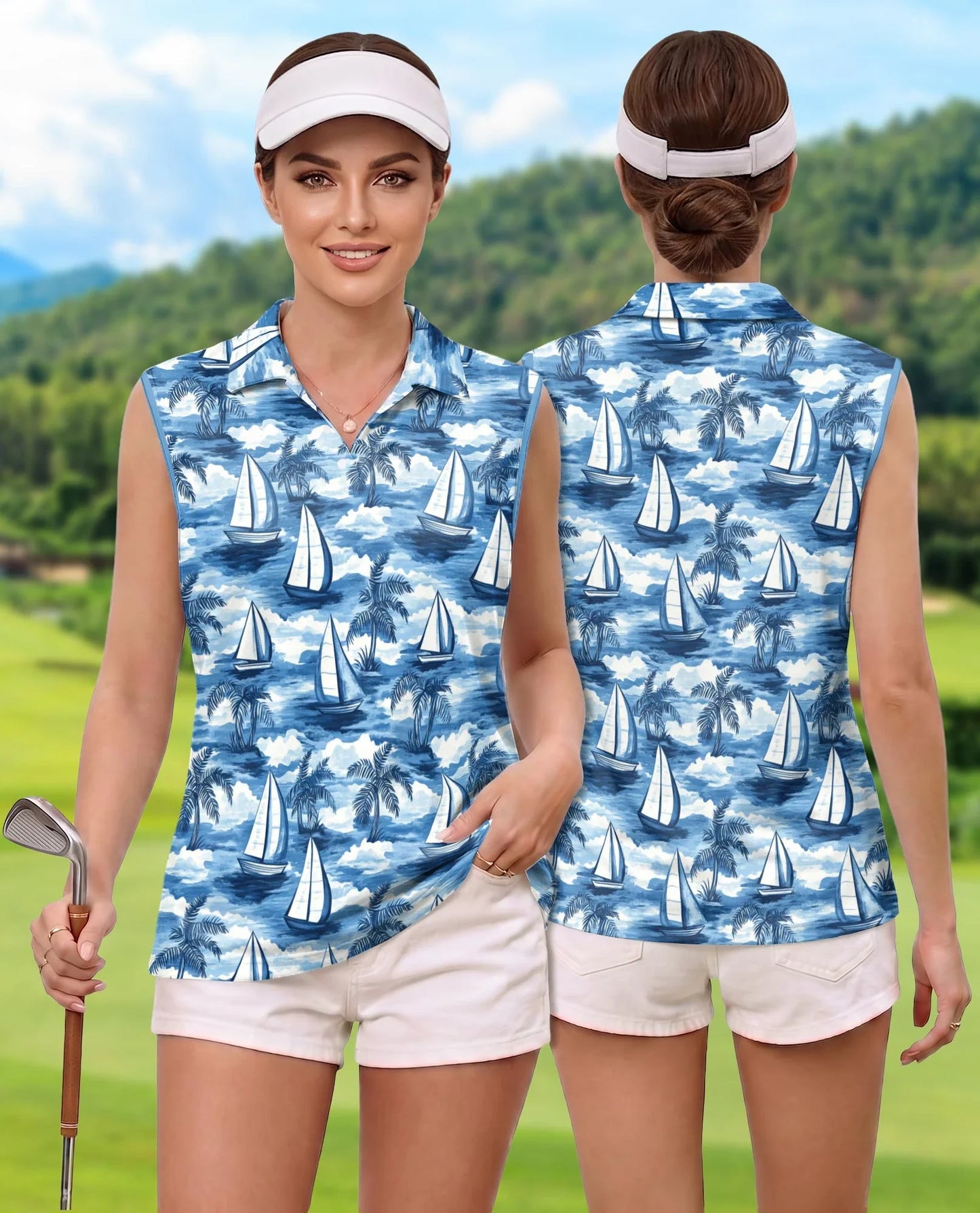 Sailboat Pattern Sleeveless Polo Shirt for Women | Azhawaiian
