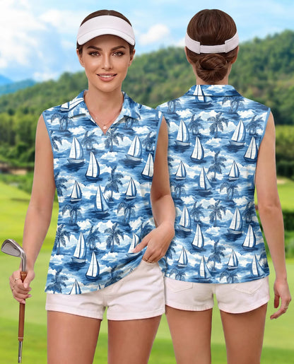 Sailboat Pattern Sleeveless Polo Shirt for Women | Azhawaiian
