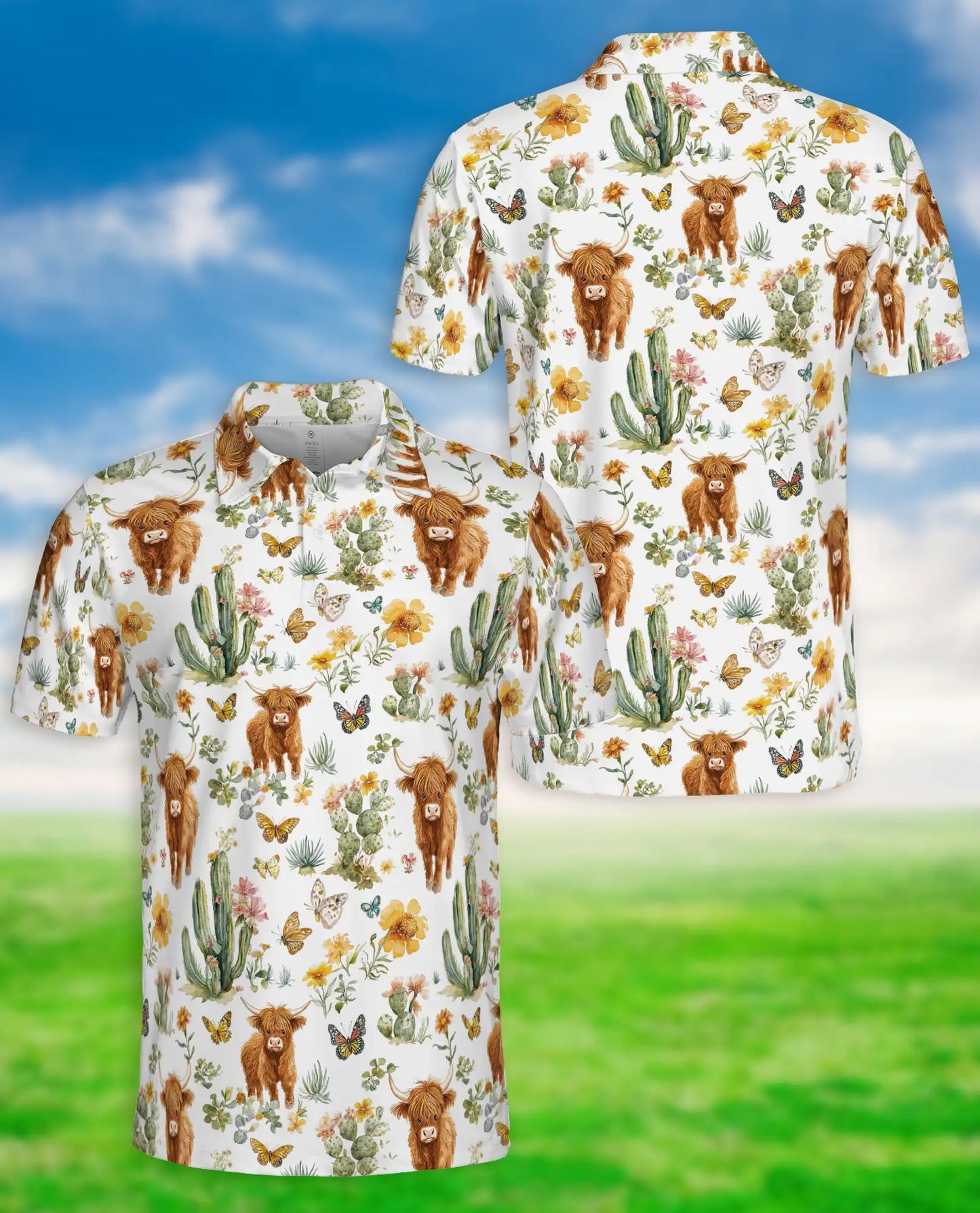 Highland Cow Cactus Polo Shirt, Cute Western Style | Azhawaiian