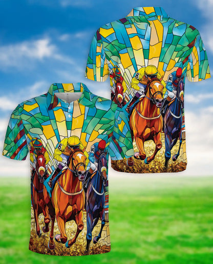 Stained Glass Horse Racing 3D Polo Shirt for Men, Colorful Jockey Derby Style | Azhawaiian