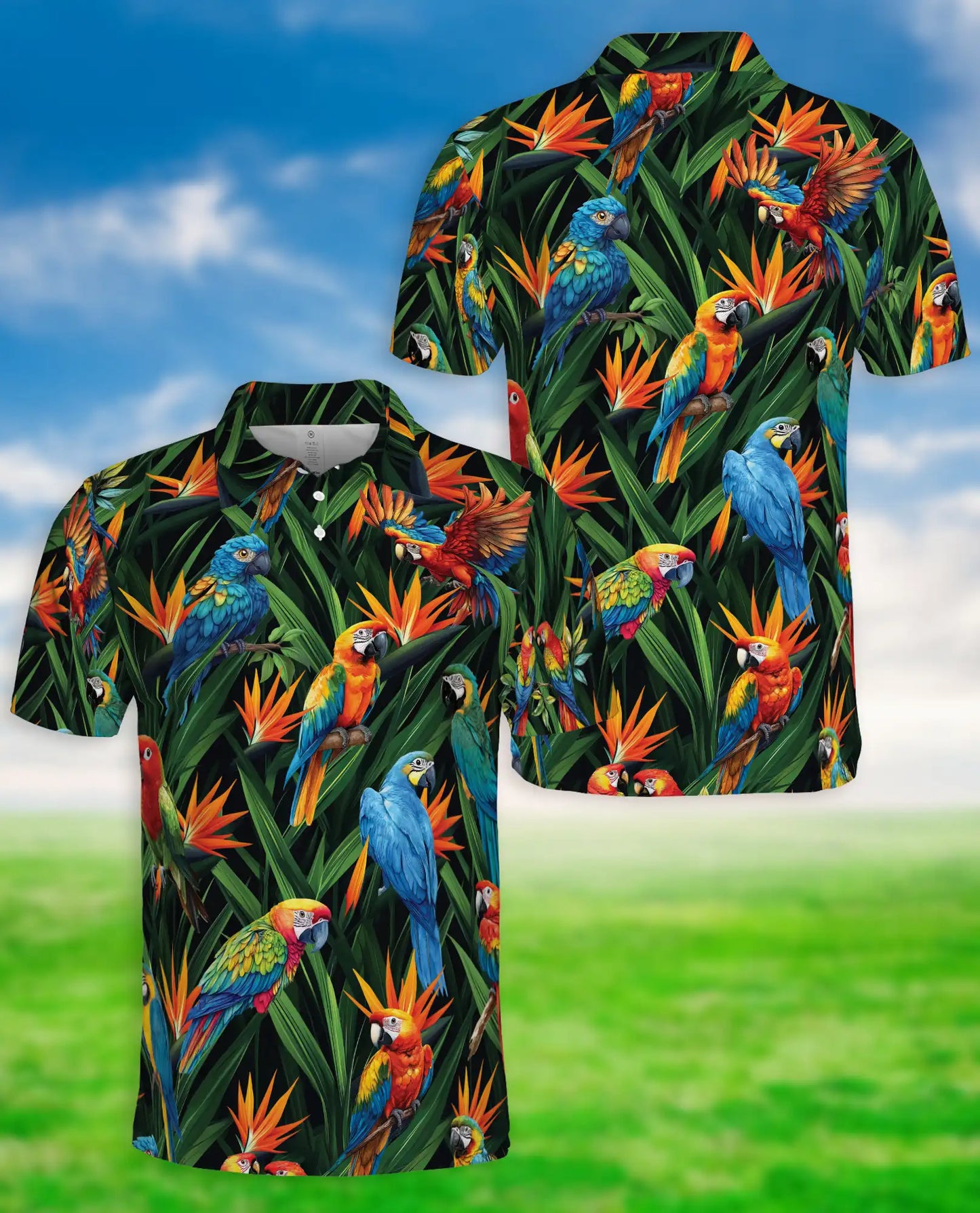 Parrot Tropical Polo Shirt, Macaw Jungle Print | Azhawaiian
