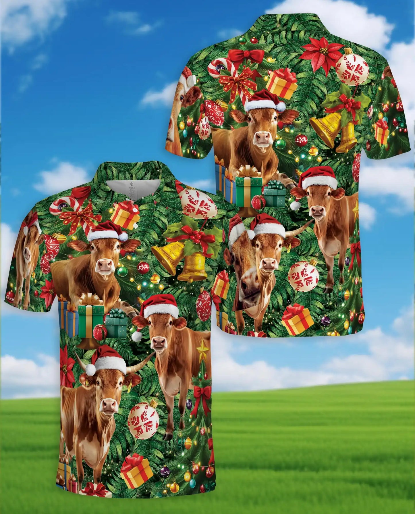 Christmas Cow Farm 3D Polo Shirt for Men, Funny Holiday Ranch Style | Azhawaiian