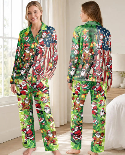 Baseball Santa Christmas Pajama Set for Women – American Flag Print